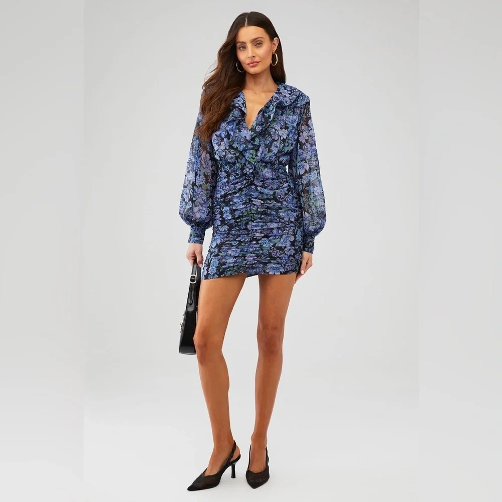 New! Sabina Musayev Lark Blue Floral Chiffon Long Sleeve Mini Dress 💙 Small NWT!
